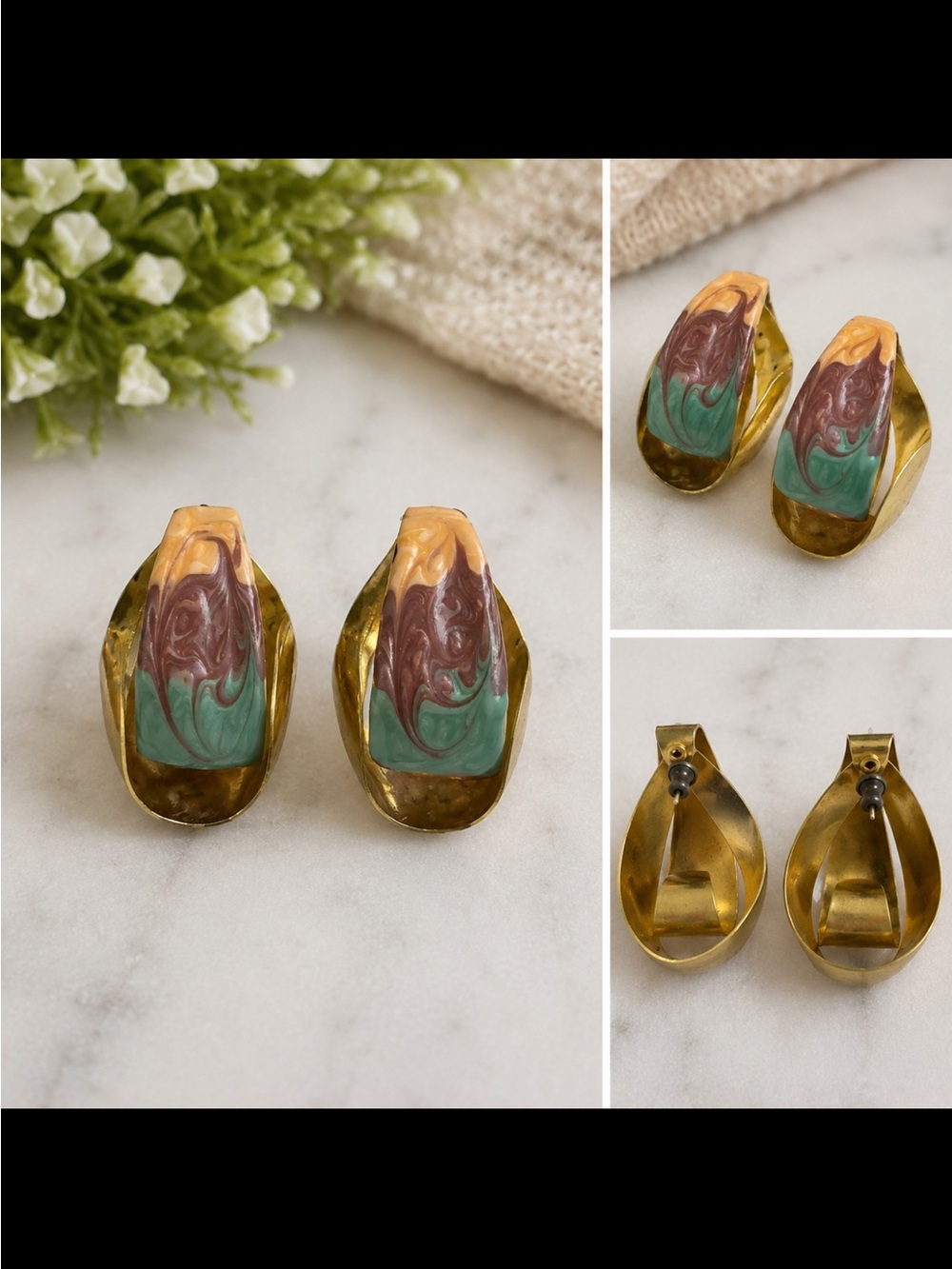 Vintage Gold Tone Abstract Swirl Enamel Statement Earrings